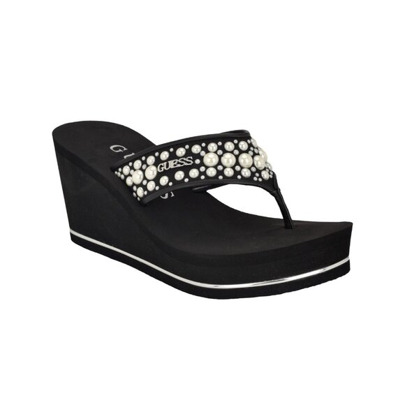 GUESS Womens Silus Embellished Slip On Platform Wedge Sandals Black Size 6M NIB - Picture 2 of 7